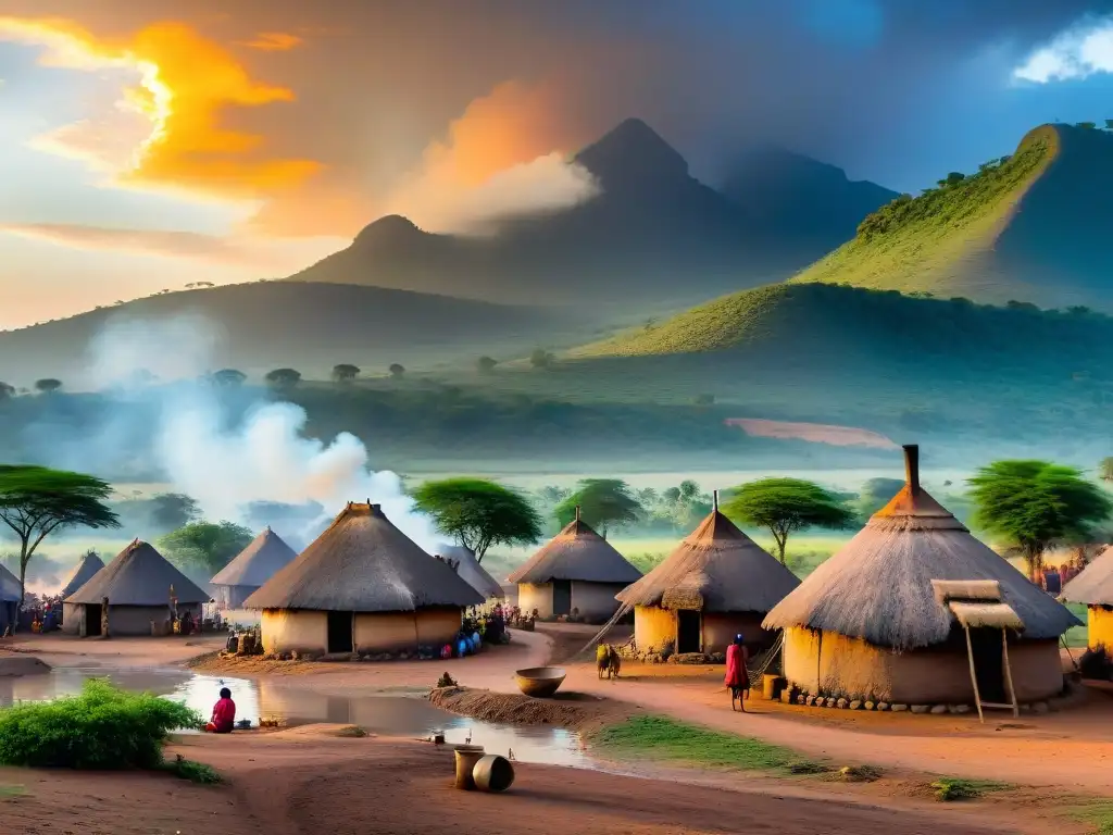 Una aldea africana tradicional al amanecer, con cabañas de barro, humo de fogatas, actividades matutinas y una hermosa paleta de colores del amanecer