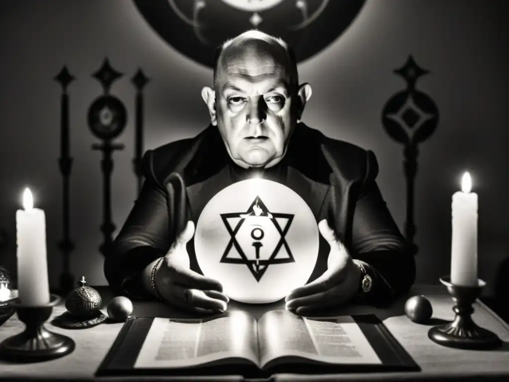 Aleister Crowley concentrado en ritual de Illuminati, rodeado de velas y símbolos esotéricos