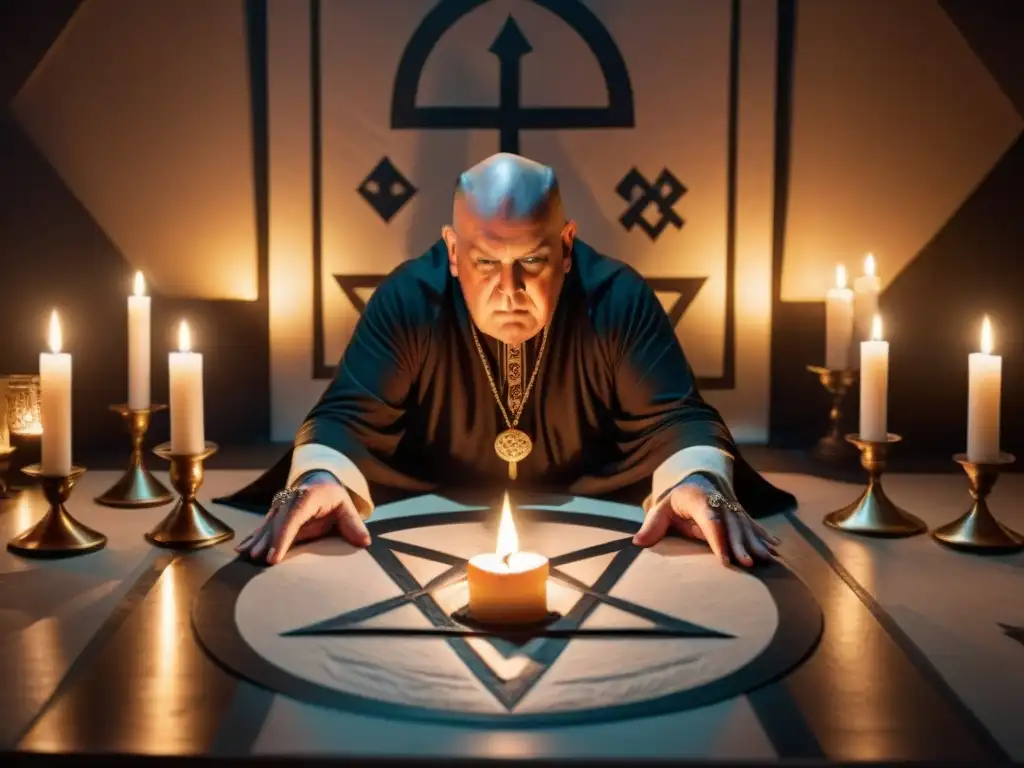 Aleister Crowley concentrado en ritual, rodeado de velas y símbolos, evocando la Sociedad Thelémica Aleister Crowley