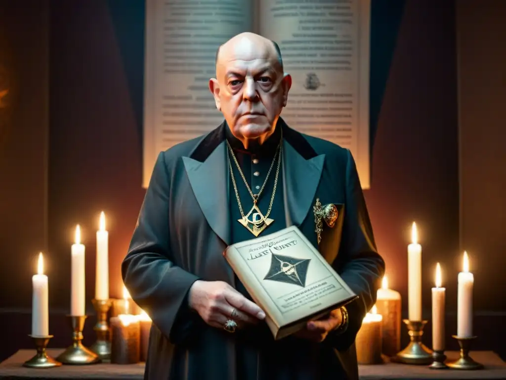 Aleister Crowley en una habitación oscura, rodeado de símbolos ocultos y velas, capturando la esencia de la Sociedad Thelémica Aleister Crowley