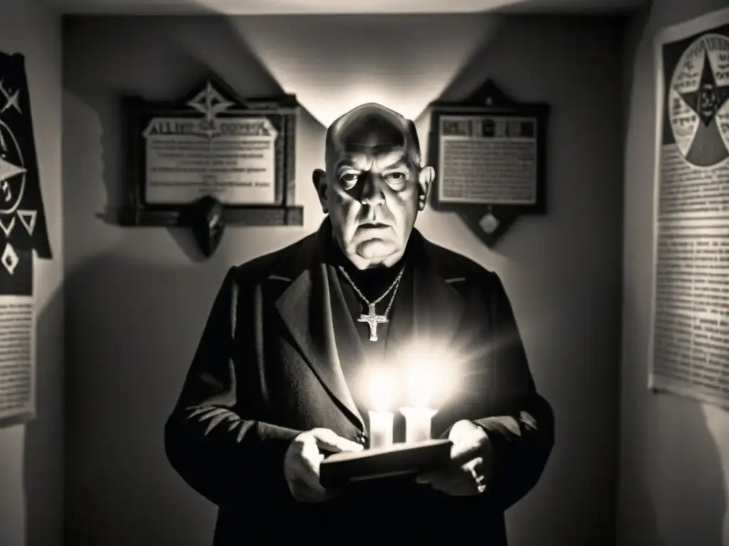 Aleister Crowley en una habitación oscura llena de símbolos esotéricos, con velas y una mirada penetrante