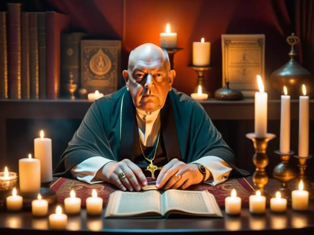 Aleister Crowley en una habitación lúgubre realizando un ritual rodeado de velas y manuscritos antiguos