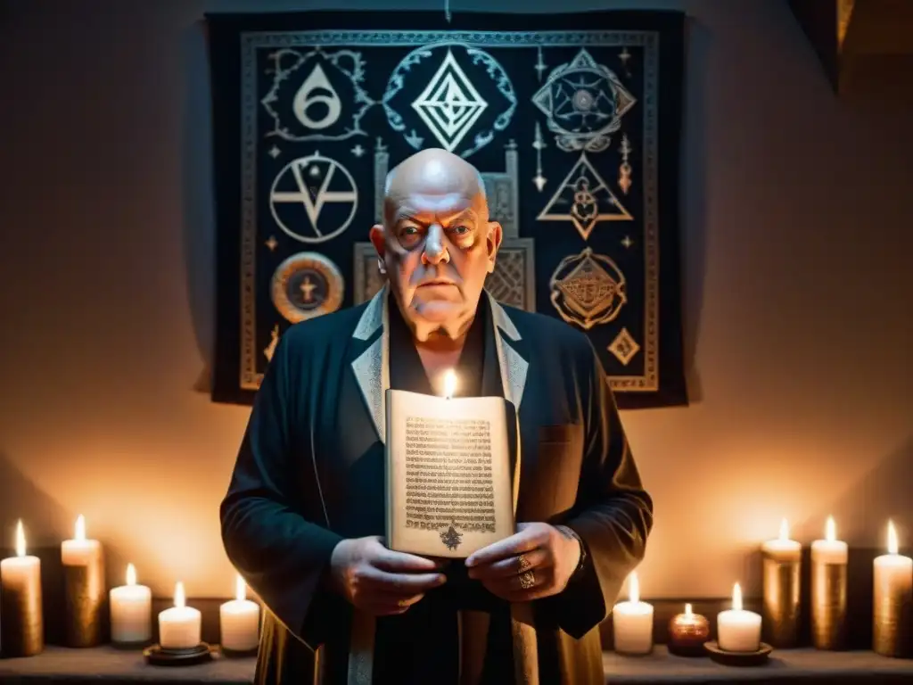 Aleister Crowley en una sala misteriosa llena de símbolos y velas, con aspecto concentrado