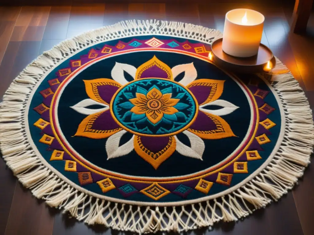 Alfombra de meditación divina con colores vibrantes, lotos, mandalas y geometría sagrada, iluminada por velas en una habitación tenue