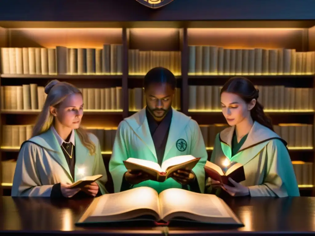 Alianza oculta de científicos y brujos descifrando un antiguo libro iluminado en una misteriosa biblioteca