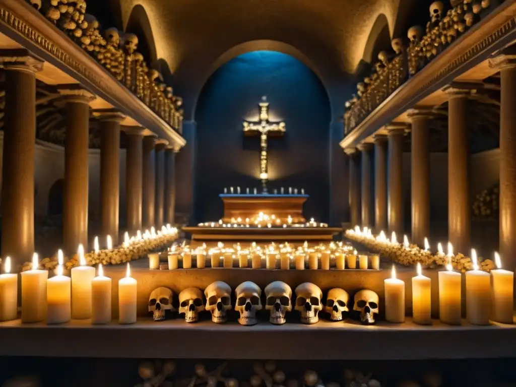 Un altar central hecho de huesos en la cripta de los Capuchinos en Roma, iluminado por velas