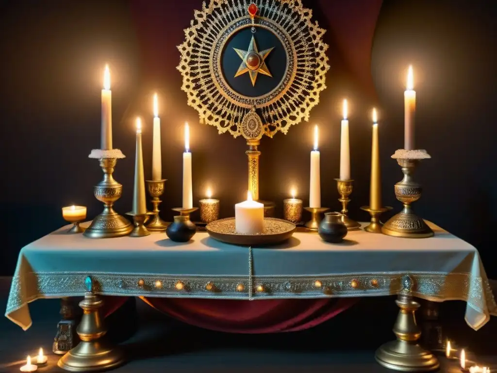 Un altar ceremonial detallado en una habitación tenue, con objetos simbólicos iluminados por velas, creando una atmósfera mística