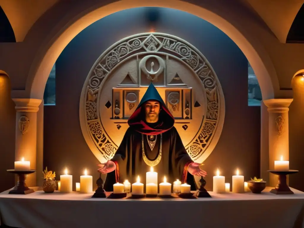 Un altar ceremonial iluminado por velas, con símbolos antiguos y artefactos místicos, en una cámara misteriosa