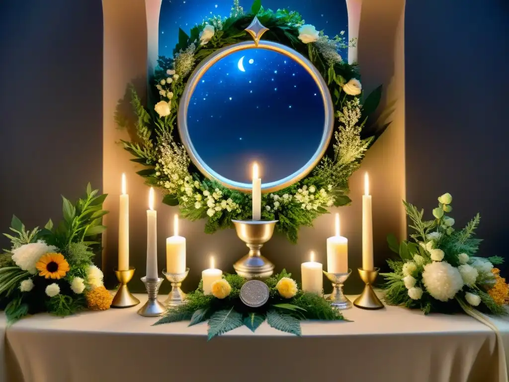 Altar decorado con detalle en luz de luna, cristales brillantes, hierbas frescas, velas y elementos simbólicos