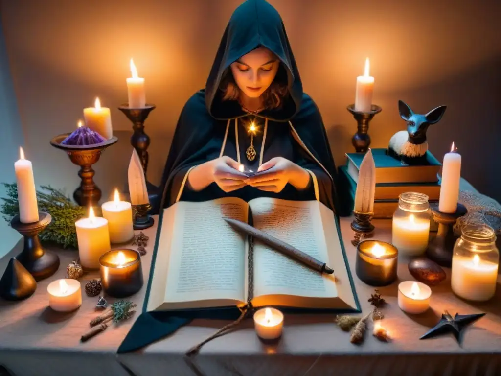 Un altar detalladamente decorado con herramientas y símbolos de la brujería moderna, iluminado por velas y un libro de hechizos