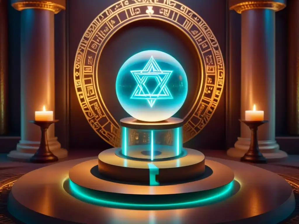 Un altar digital iluminado por una bola de cristal futurista rodeado de sigilos holográficos y velas virtuales, en un templo místico de realidad virtual