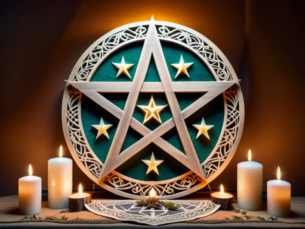 Altar de estrella de cinco puntas rituales, tallado en madera gastada con hierbas secas y velas, iluminado por luz de velas en un ambiente místico