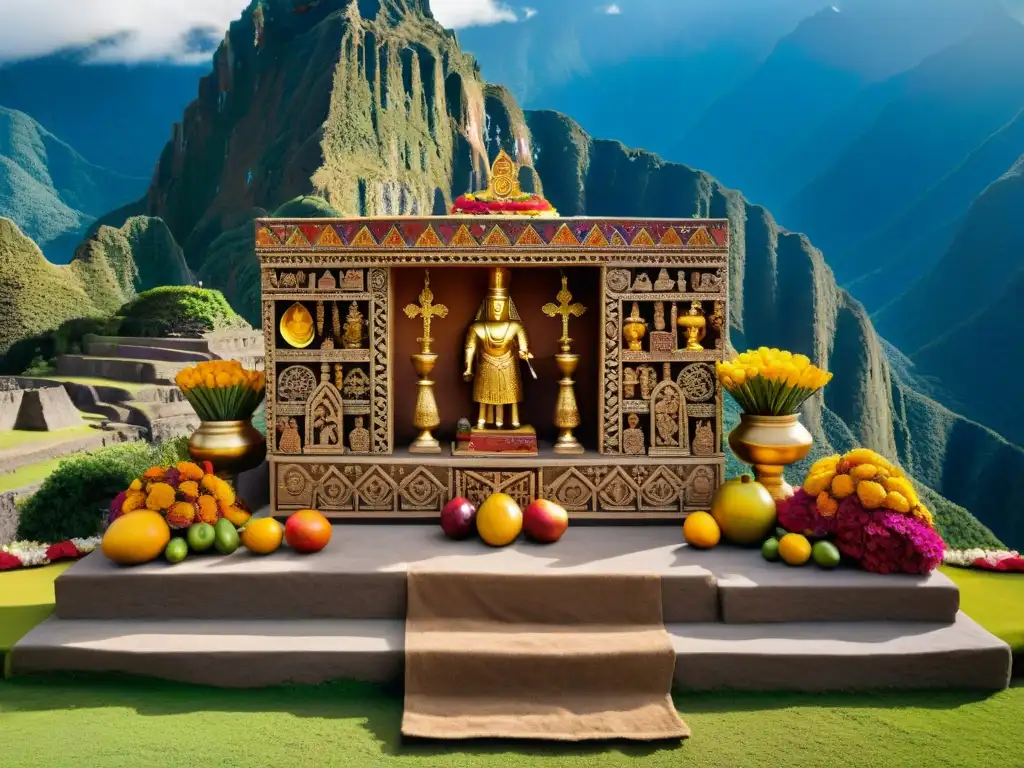 Un altar inca ceremonial con detallados grabados rodeado de ofrendas y una figura dorada de sacerdote, en un escenario místico en los Andes