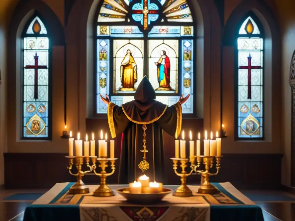 Un altar intrincado y adornado con velas, manuscritos antiguos y símbolos místicos, bañado en luz dorada