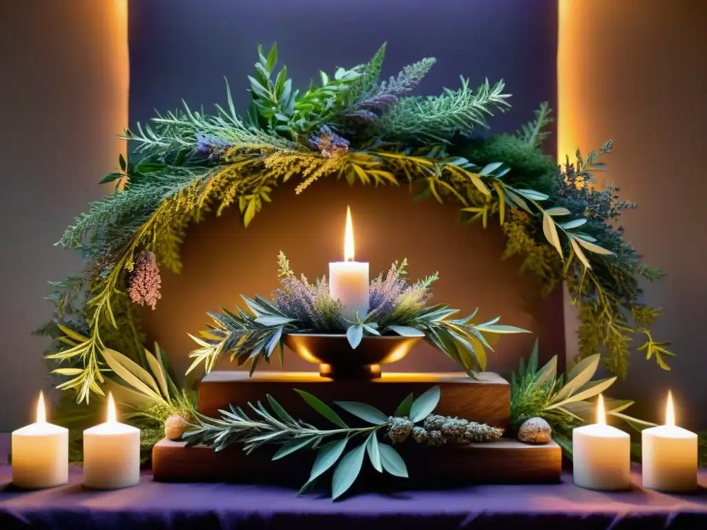 Un altar intrincado decorado con hierbas mágicas como salvia, lavanda y romero, dispuestas en patrones simbólicos, iluminado por la luz de las velas