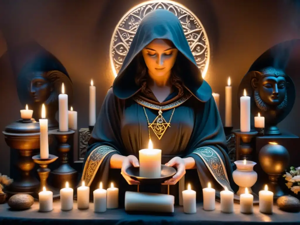 Un altar intrincado dedicado a Hécate, con una estatua de la diosa de tres rostros rodeada de velas y artefactos místicos