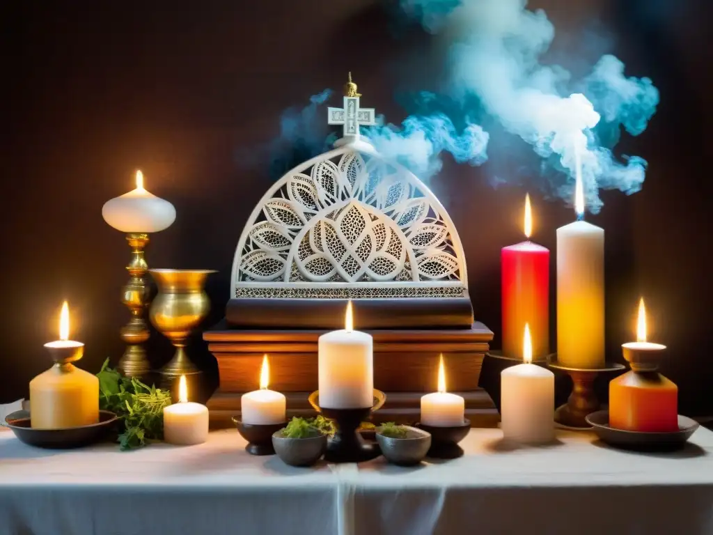 Un altar intrincado con velas coloridas, hierbas frescas y artefactos simbólicos de rituales de Santería y Palo Mayombe