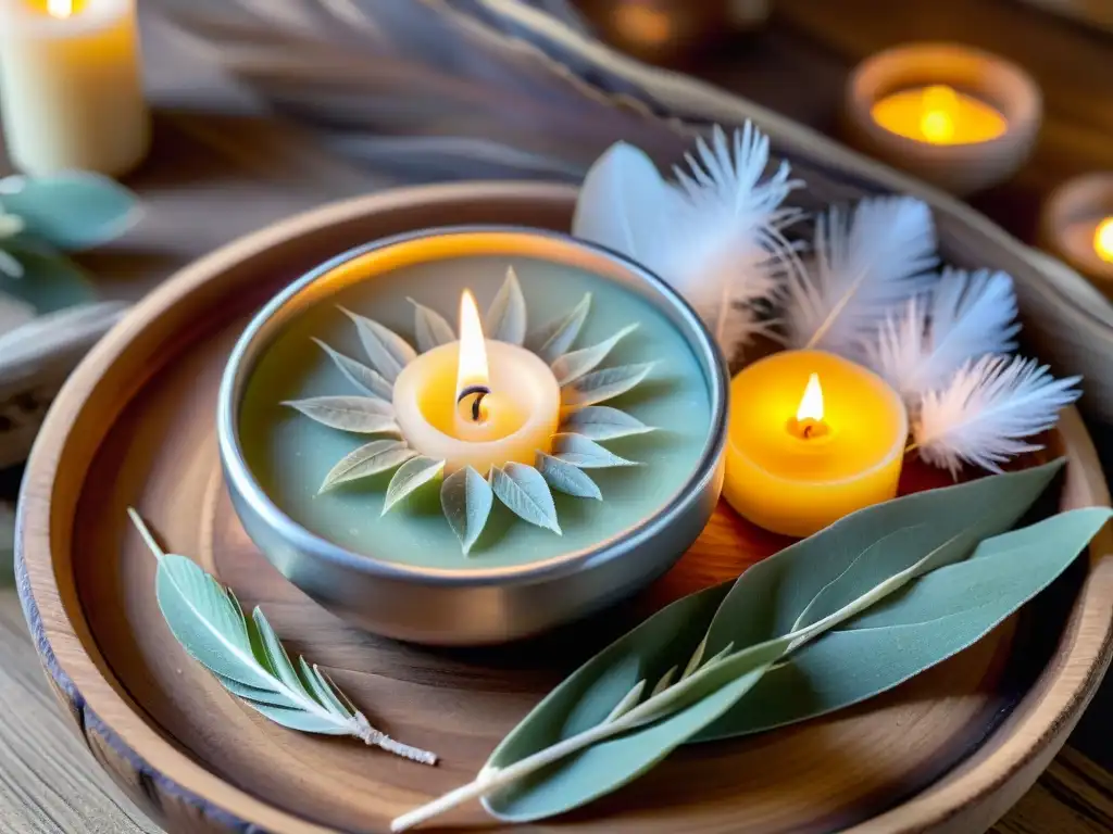 Altar de madera con cuenco de plata, salvia blanca, velas y cristales brillantes