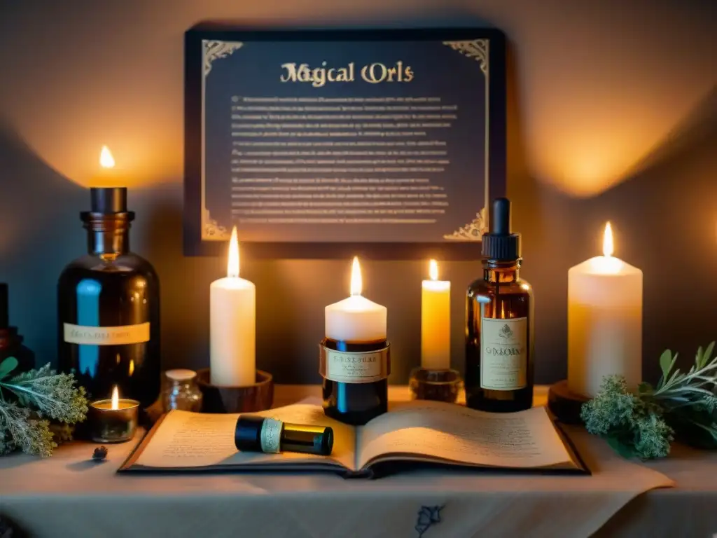 Un altar mágico con aceites esenciales, velas, cristales y pergaminos con símbolos antiguos, iluminados por una luz cálida y misteriosa