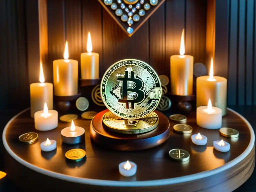 Un altar mágico para aumentar cartera criptomonedas con velas, cristales y monedas en un diseño preciso, iluminado por una luz tenue