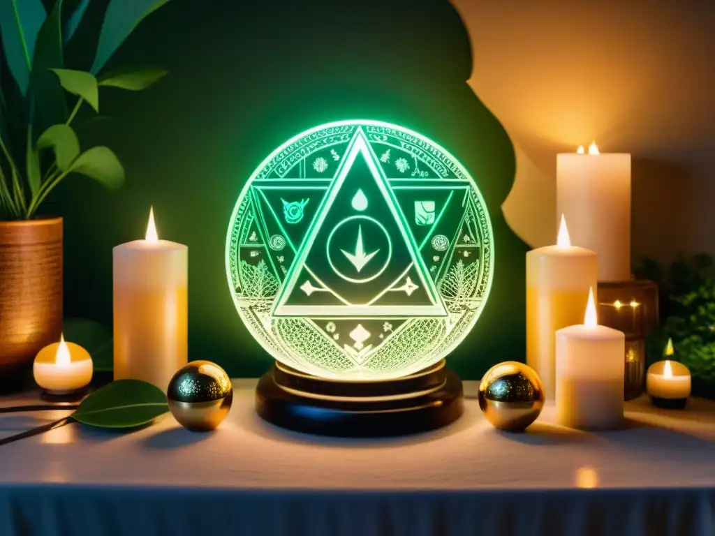 Un altar mágico con símbolos de criptomonedas en velas y tarot blockchain, envuelto en misticismo