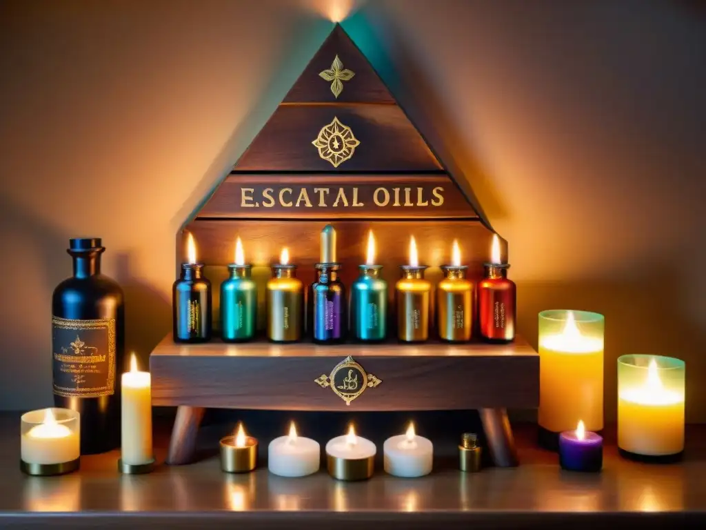 Un altar místico con aceites esenciales, velas y elementos mágicos en un ambiente hechizante