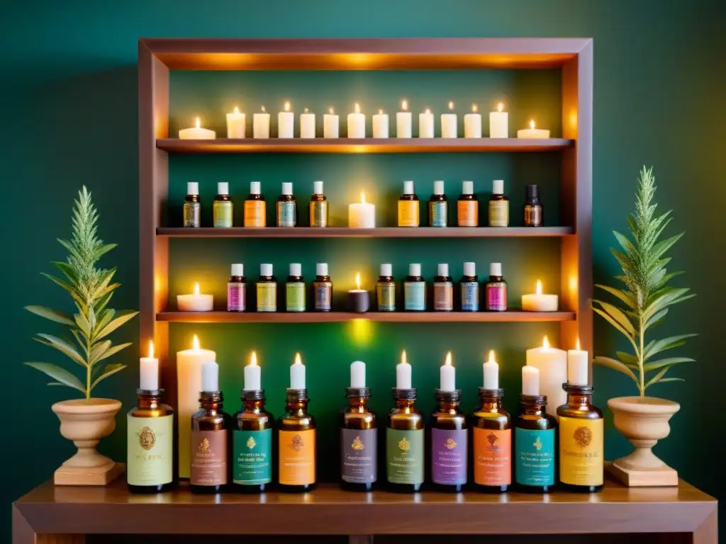 Altar místico con botellas de aceites esenciales rituales, símbolos antiguos y libros