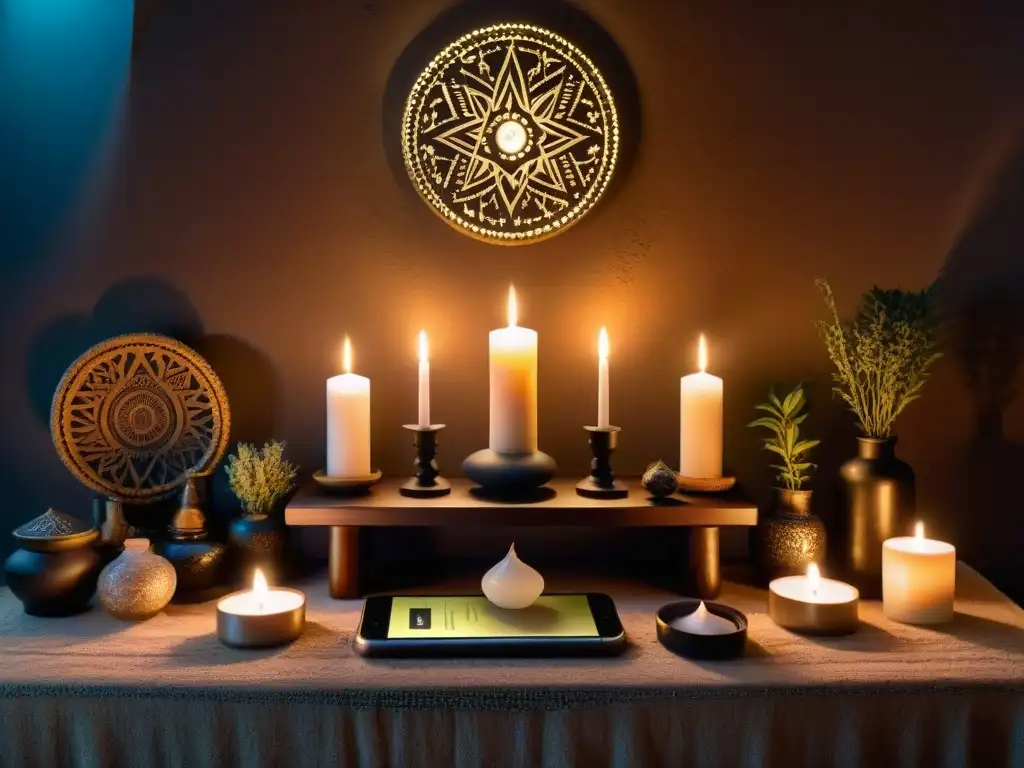 Un altar místico con velas, cristales, hierbas y un móvil con app ritual brillante