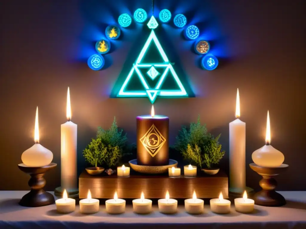 Un altar místico con velas, cristales y símbolos sagrados de diversas tradiciones, creando una atmósfera de misterio y energía espiritual