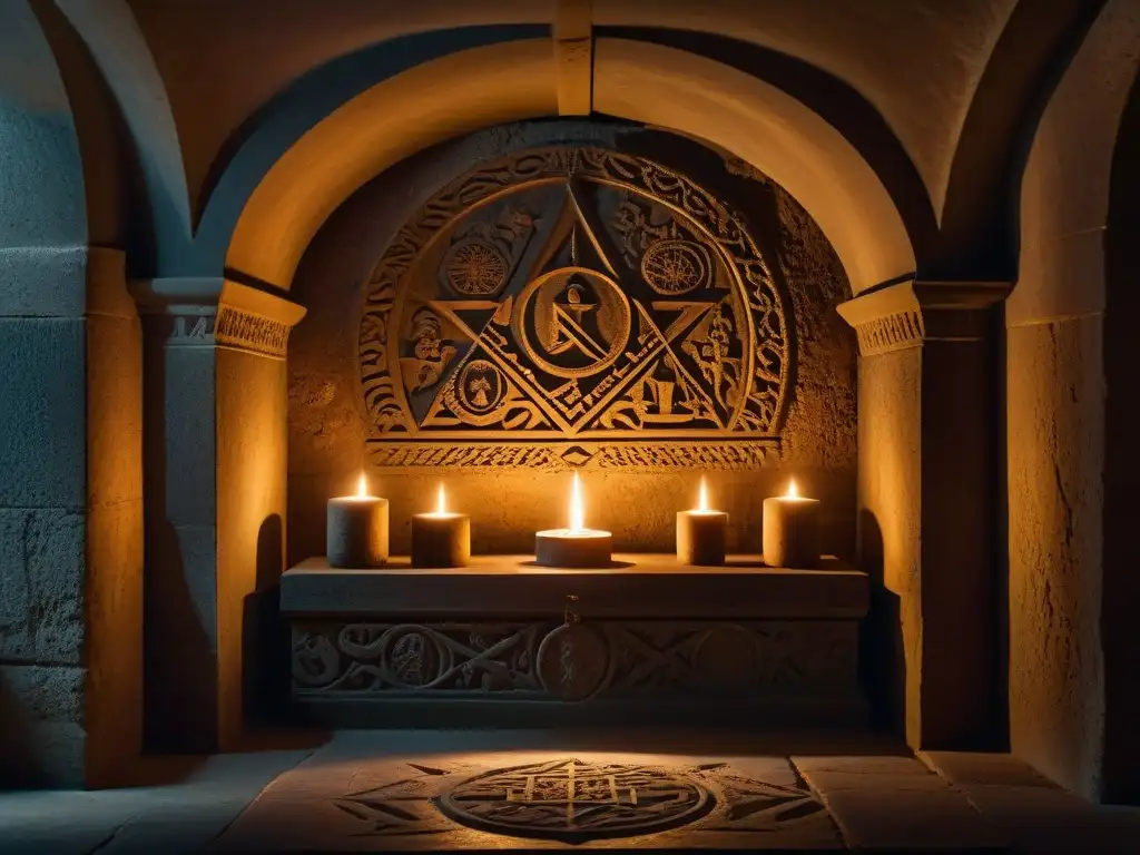 Altar de piedra antiguo en misteriosa cámara de castillo europeo