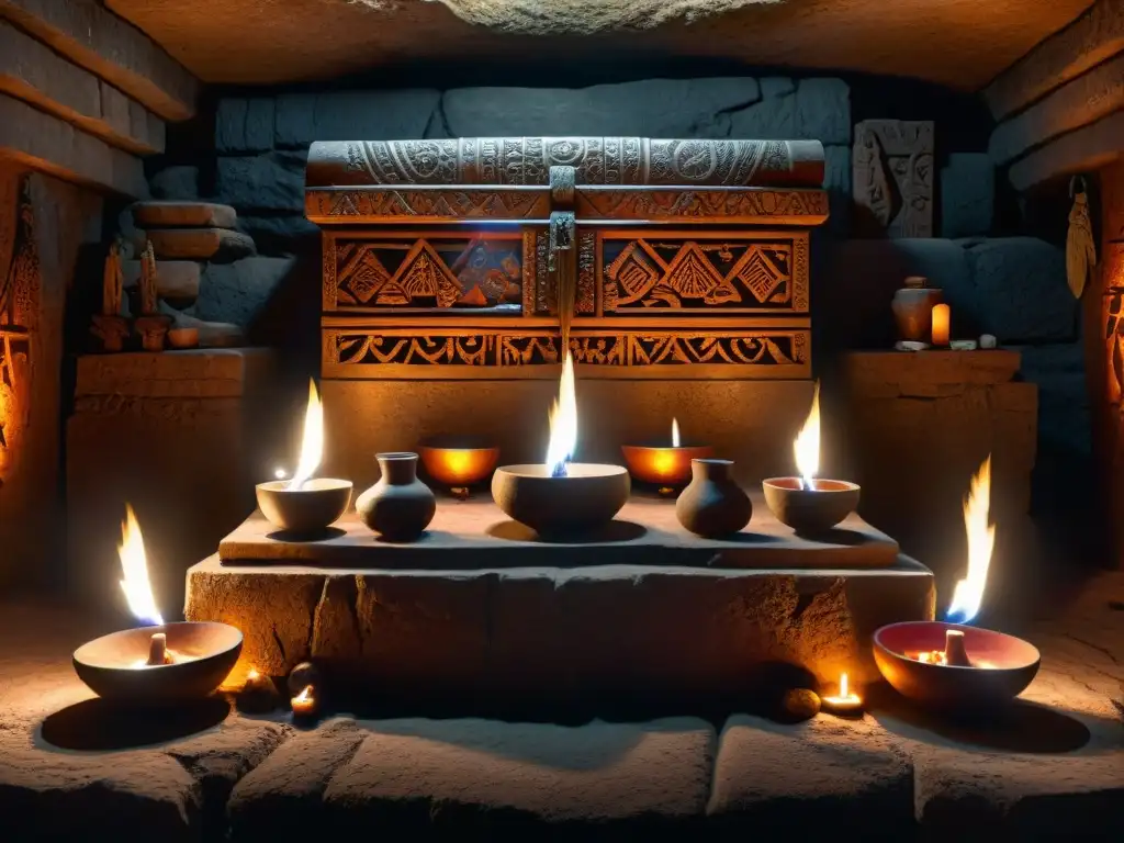Un altar de piedra con ornamentos detallados y antorchas en una cámara subterránea, evocando los rituales de sacrificio en sociedades precolombinas