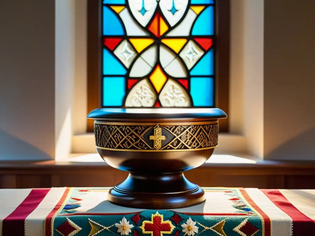 Altar sagrado con fuente de madera tallada, agua bendita y luz multicolor