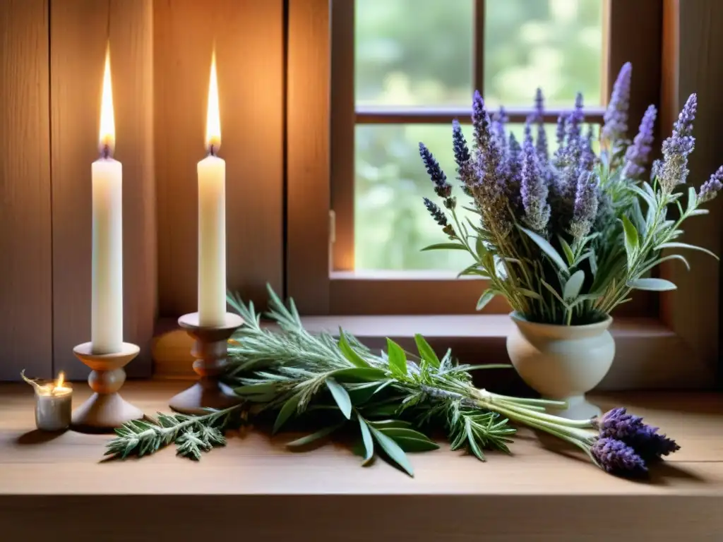 Un altar sereno con hierbas mágicas como lavanda, salvia y romero, bañado por luz cálida