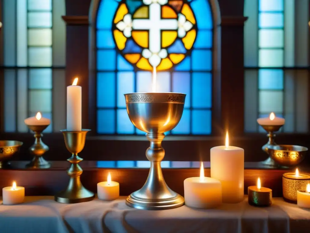 Un altar sereno iluminado por velas, con símbolos religiosos y un cáliz de agua bendita brillante