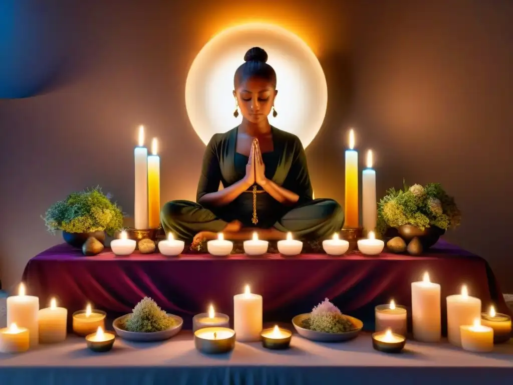 Altar con velas, hierbas, cristales y objetos simbólicos, iluminado por velas