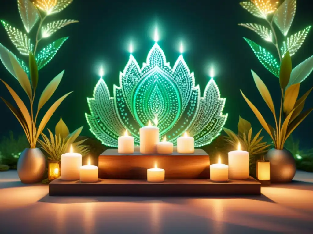 Un altar virtual bellamente diseñado, iluminado con luz etérea, decorado con velas, cristales y elementos naturales