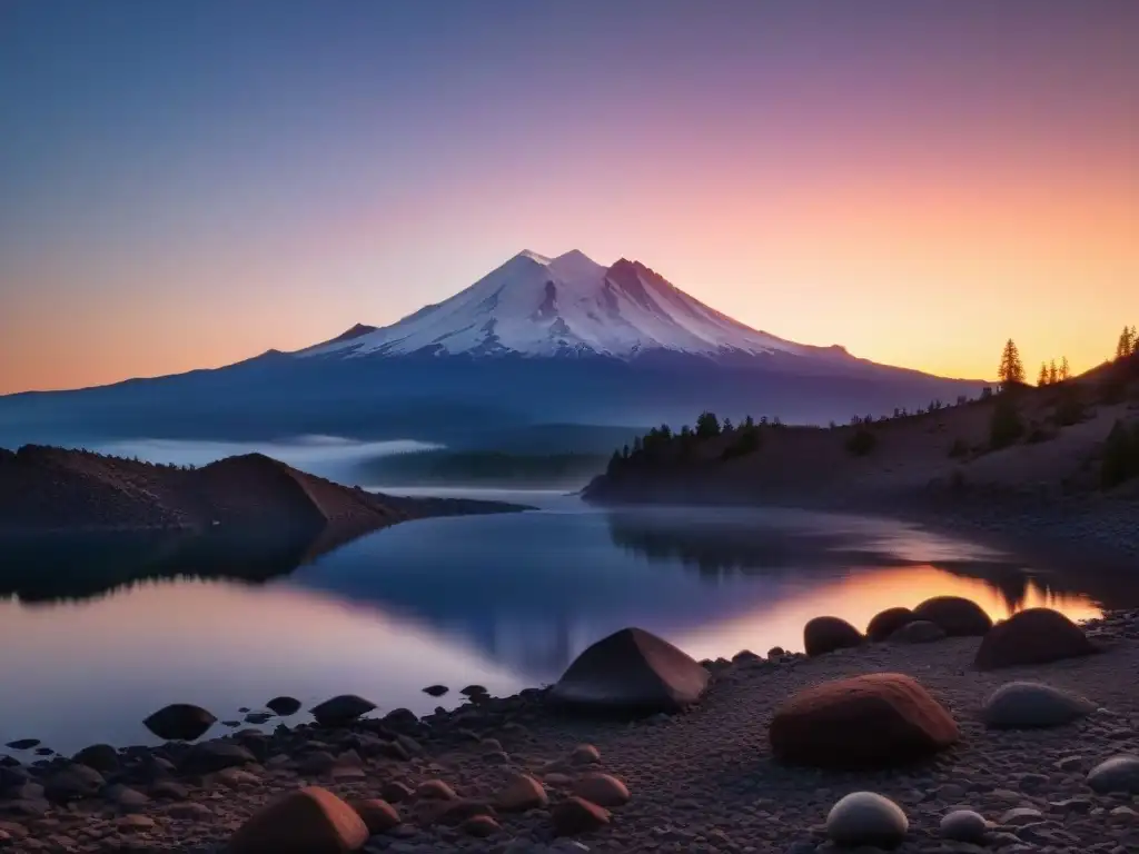 Un amanecer místico en el Monte Shasta: la silueta del monte envuelta en niebla revela antiguos petroglifos