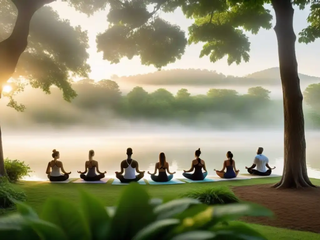 Un amanecer sereno donde se practica yoga en armonía con la naturaleza