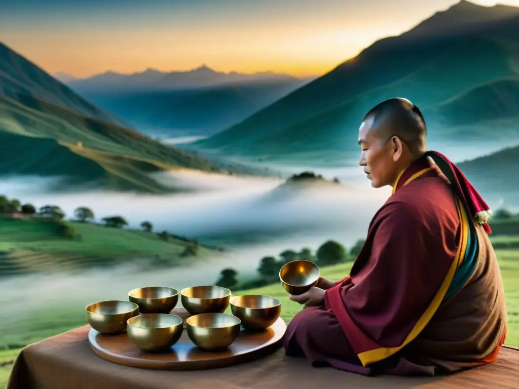 Un amanecer sereno en el paisaje tibetano con un monje tocando cuencos tibetanos