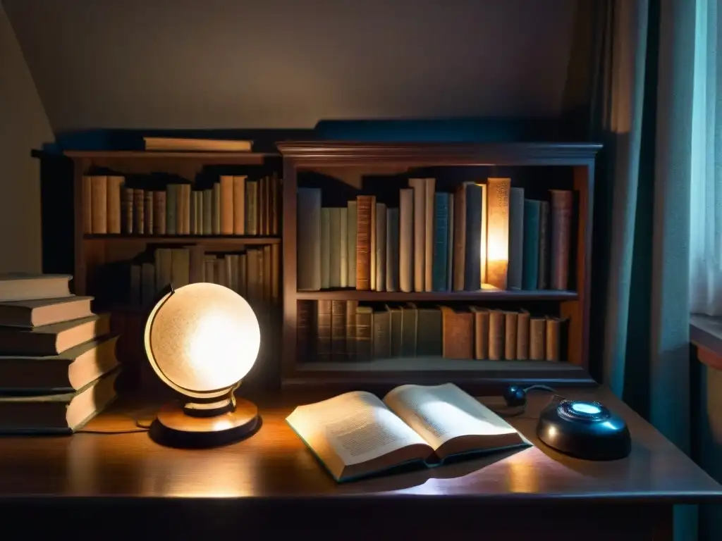 Sala misteriosa con libros antiguos y bola de cristal iluminada por la luna Un ambiente misterioso con libros antiguos y una bola de cristal iluminada por la luna