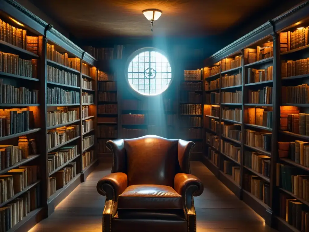 Librería misteriosa con libros antiguos iluminados Un ambiente misterioso y lleno de historia en una biblioteca antigua, con un rayo de luz sobre un sillón de cuero desgastado