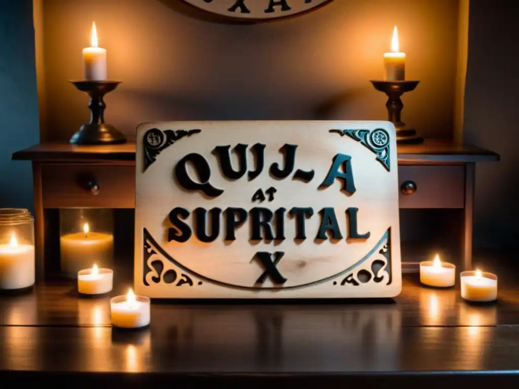Escena misteriosa: Ouija antigua en habitación tenebrosa con velas Un ambiente misterioso y fantasmal con una tabla Ouija vintage en una habitación tenue