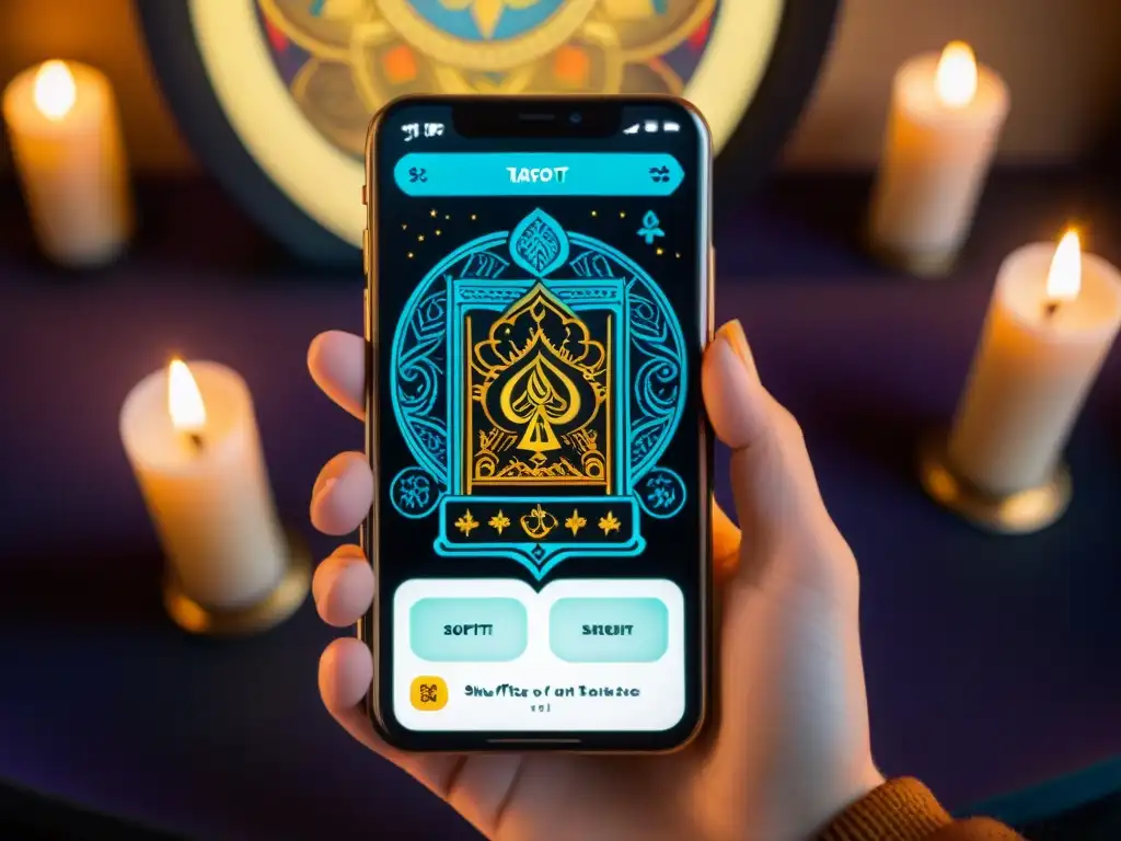 Un ambiente místico con una aplicación de tarot en un smartphone futurista, mostrando cartas vibrantes