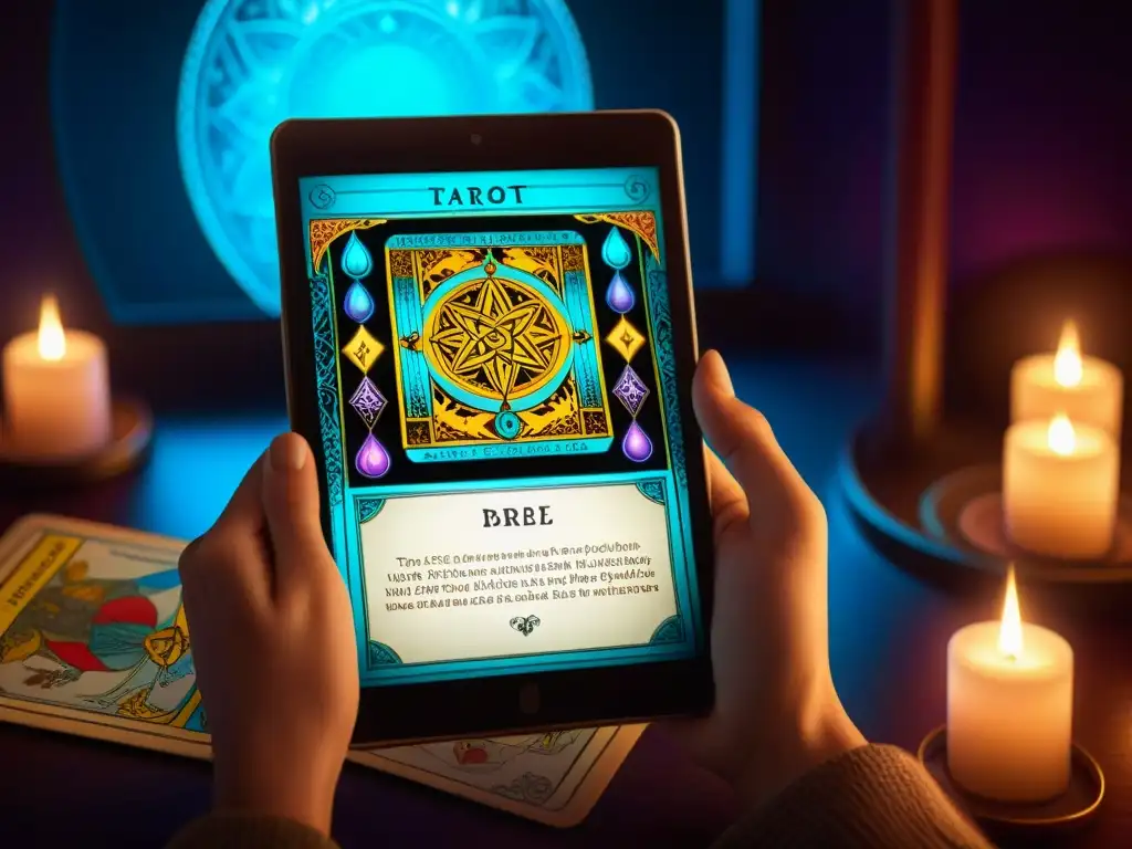 Un ambiente místico y envolvente con una aplicación de tarot interactivo en una moderna tableta