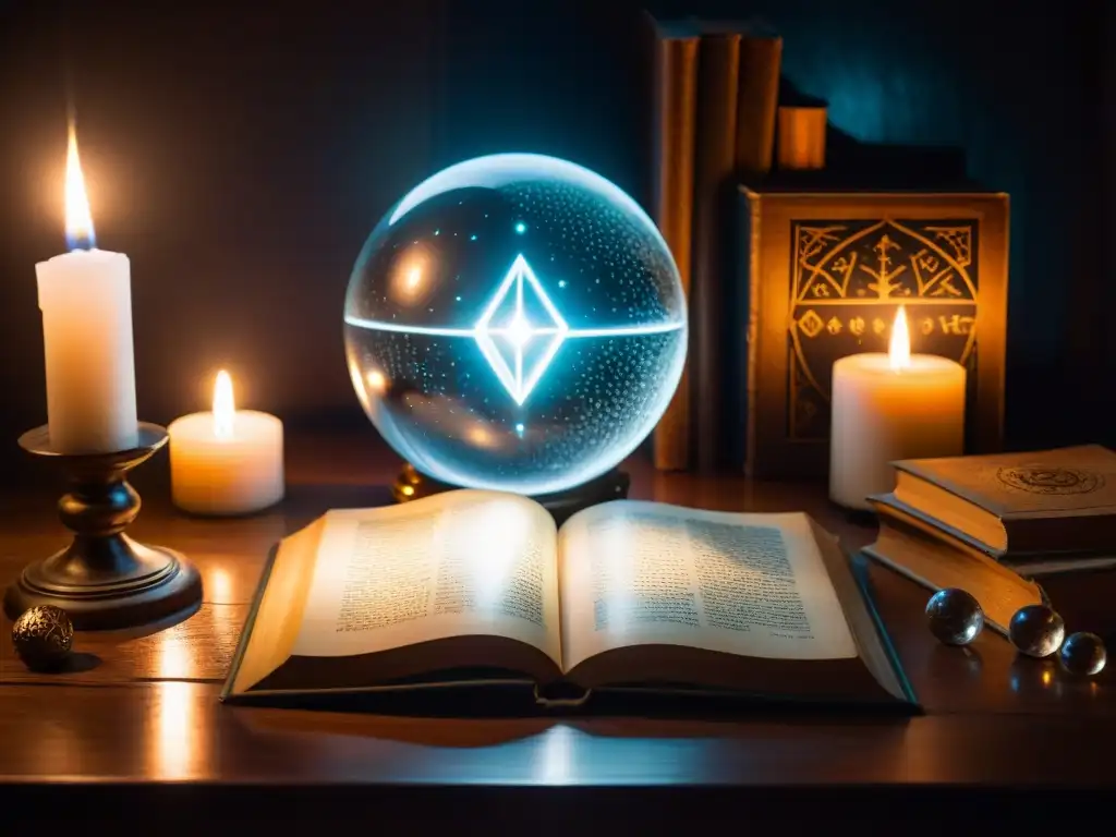 Escena mística: libro antiguo y bola de cristal en habitación tenebrosa Un ambiente místico con libro antiguo, bola de cristal y artefactos paranormales