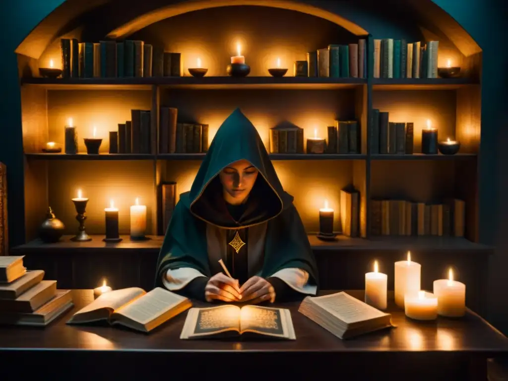 Un ambiente místico con libros antiguos, velas y una figura en capa realizando una lectura de tarot