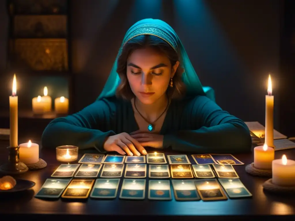 Un ambiente místico: persona en mesa con cartas de tarot iluminadas, rostro en sombras