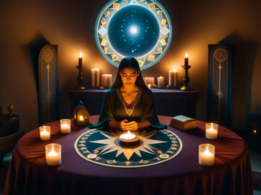 Un ambiente místico de práctica espiritual con lectura de Tarot en una habitación iluminada por velas