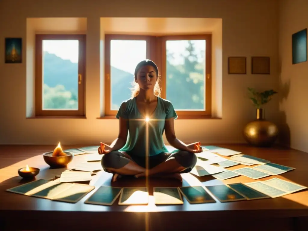 Un ambiente sereno con una persona meditando entre cartas de tarot