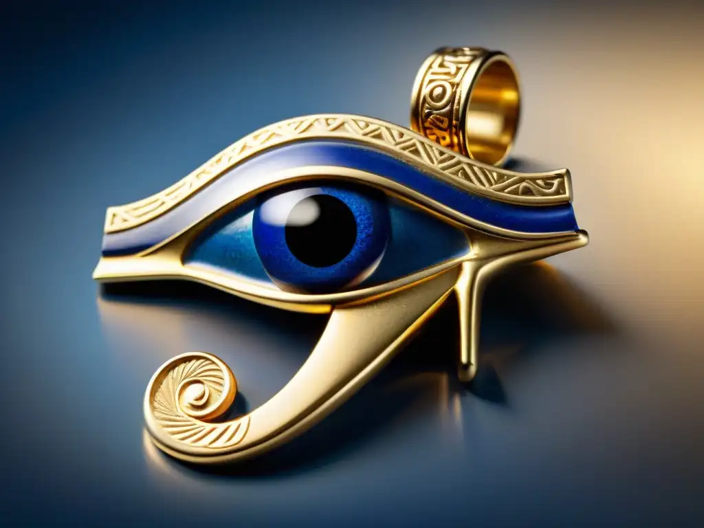 Amuleto del ojo de Horus en oro y lapislázuli, con detalles hipnóticos